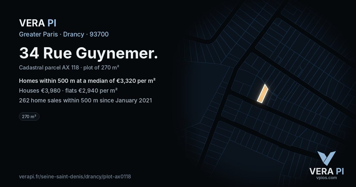 34 Rue Guynemer, Drancy at night – the plot lit, the parcels around coloured by the prices near them