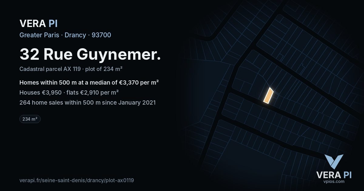 32 Rue Guynemer, Drancy at night – the plot lit, the parcels around coloured by the prices near them