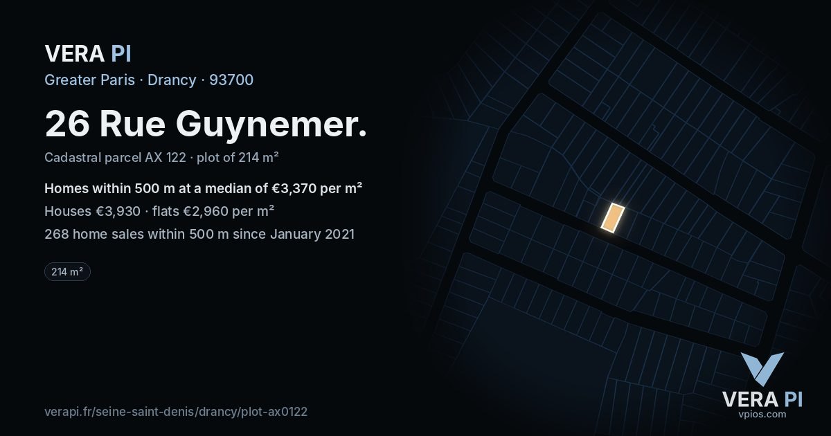 26 Rue Guynemer, Drancy at night – the plot lit, the parcels around coloured by the prices near them