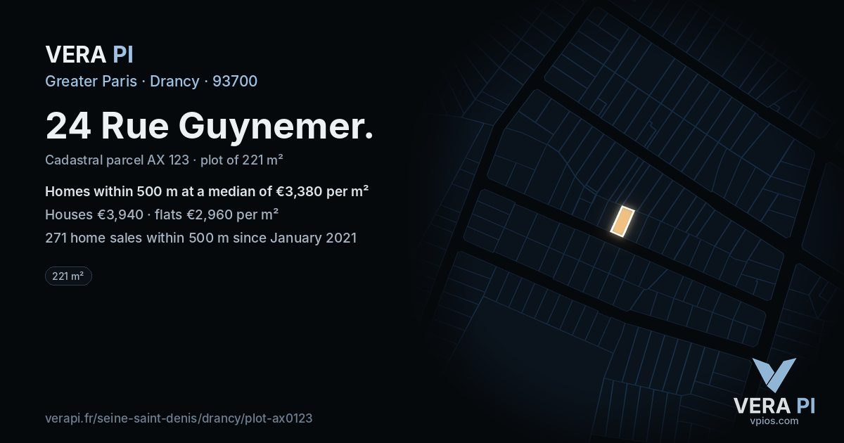 24 Rue Guynemer, Drancy at night – the plot lit, the parcels around coloured by the prices near them