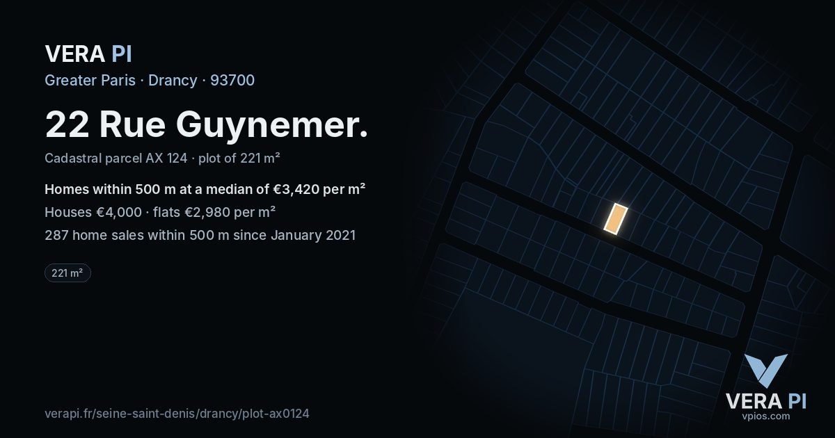 22 Rue Guynemer, Drancy at night – the plot lit, the parcels around coloured by the prices near them