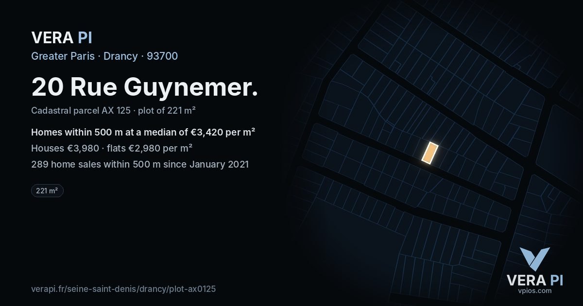 20 Rue Guynemer, Drancy at night – the plot lit, the parcels around coloured by the prices near them