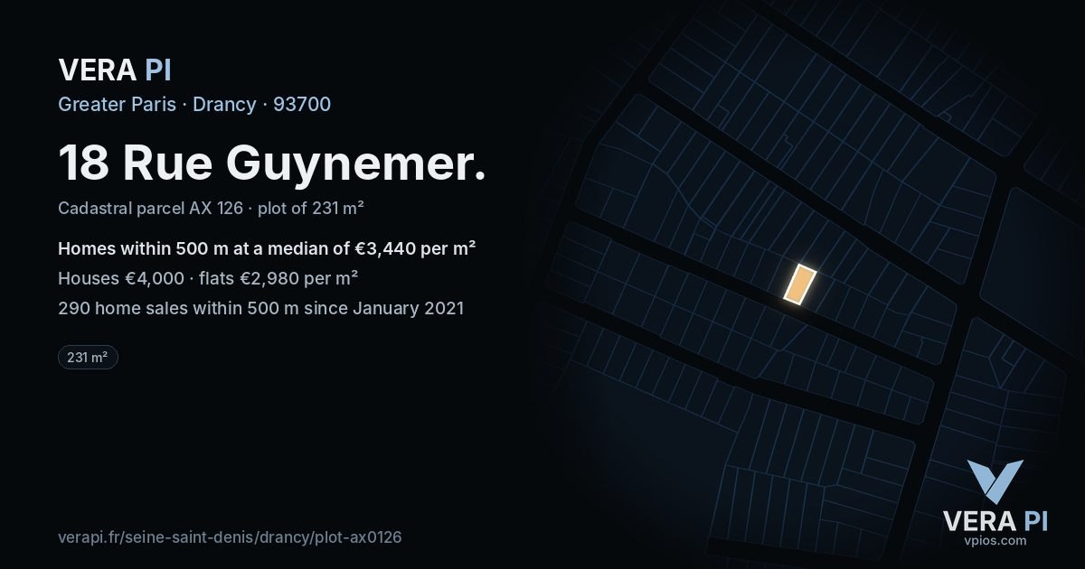 18 Rue Guynemer, Drancy at night – the plot lit, the parcels around coloured by the prices near them