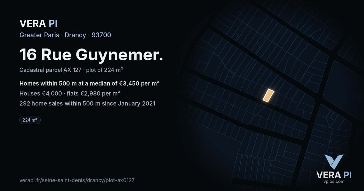 16 Rue Guynemer, Drancy at night – the plot lit, the parcels around coloured by the prices near them