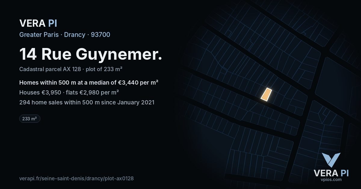 14 Rue Guynemer, Drancy at night – the plot lit, the parcels around coloured by the prices near them