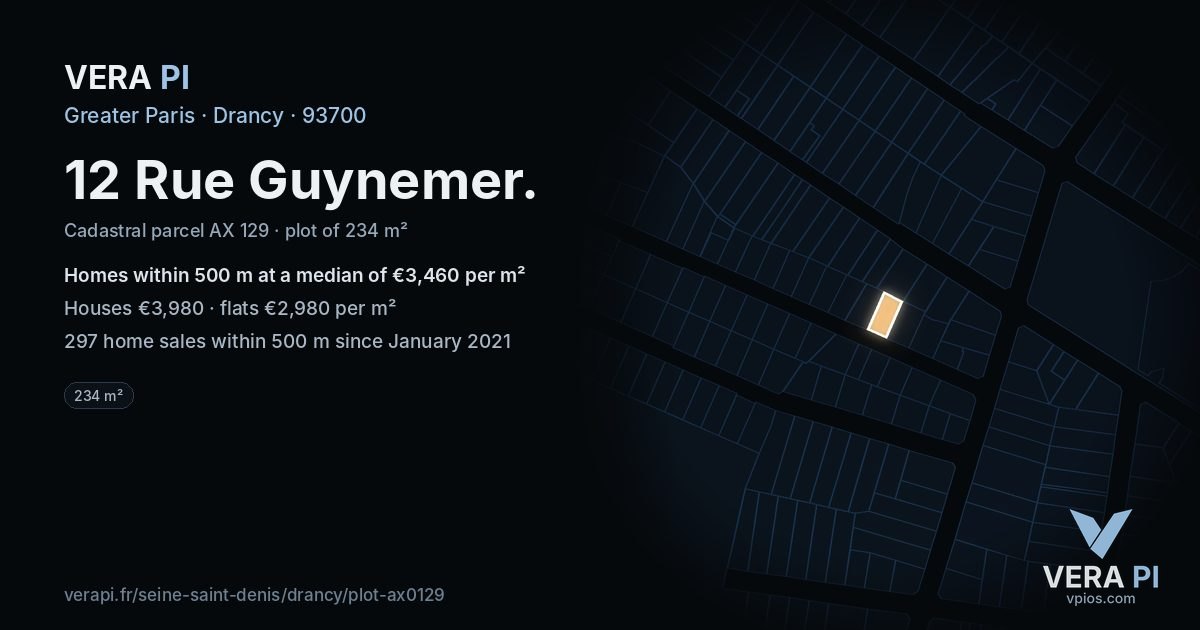 12 Rue Guynemer, Drancy at night – the plot lit, the parcels around coloured by the prices near them
