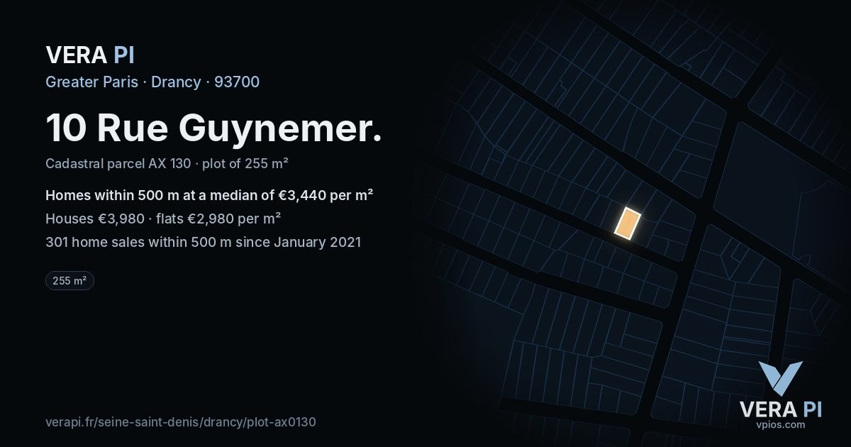 10 Rue Guynemer, Drancy at night – the plot lit, the parcels around coloured by the prices near them