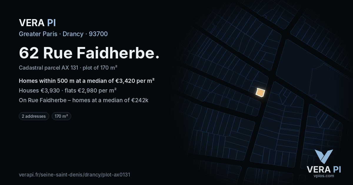 62 Rue Faidherbe, Drancy at night – the plot lit, the parcels around coloured by the prices near them