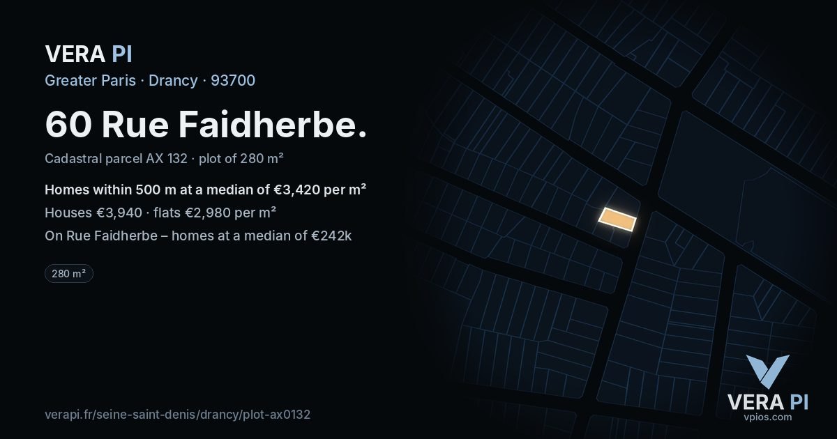 60 Rue Faidherbe, Drancy at night – the plot lit, the parcels around coloured by the prices near them