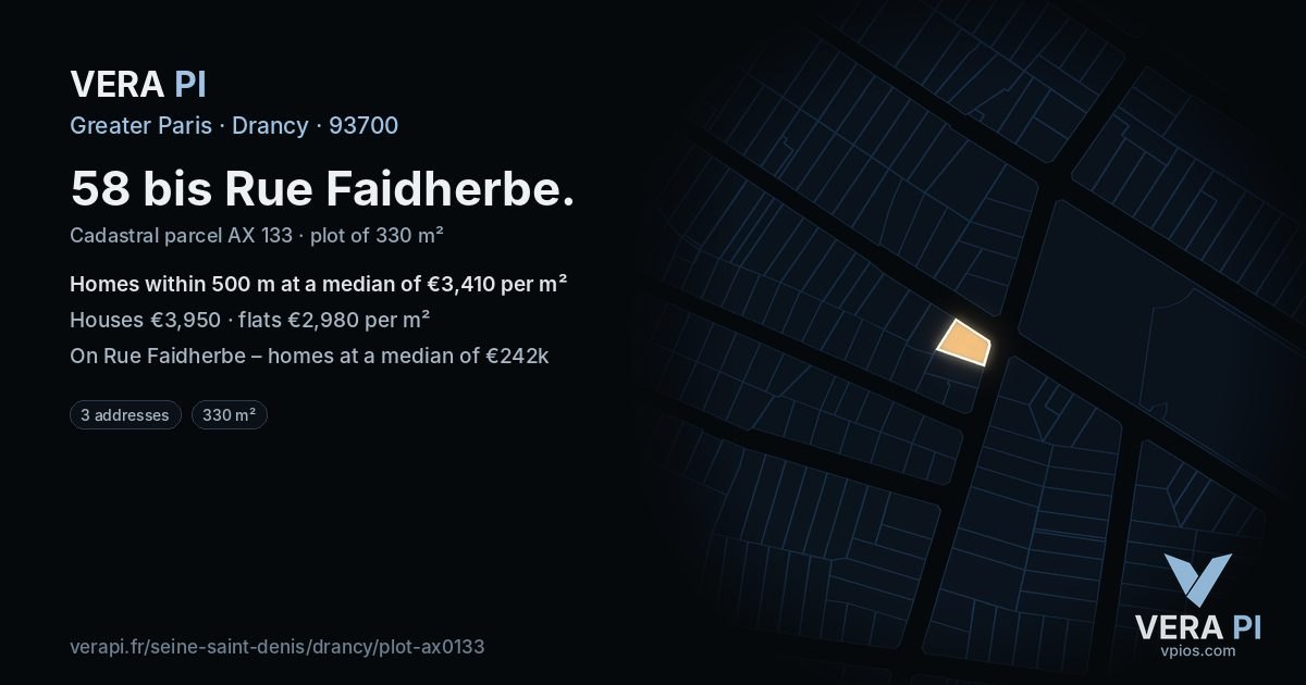 58 bis Rue Faidherbe, Drancy at night – the plot lit, the parcels around coloured by the prices near them