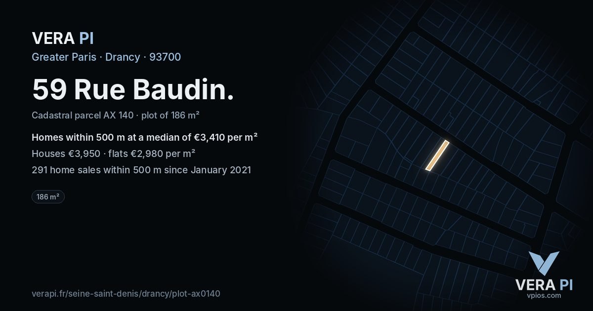 59 Rue Baudin, Drancy at night – the plot lit, the parcels around coloured by the prices near them