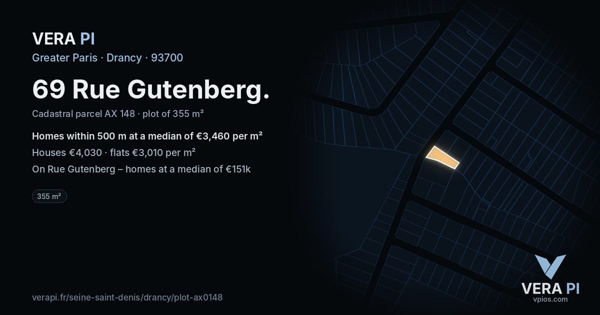 69 Rue Gutenberg, Drancy at night – the plot lit, the parcels around coloured by the prices near them