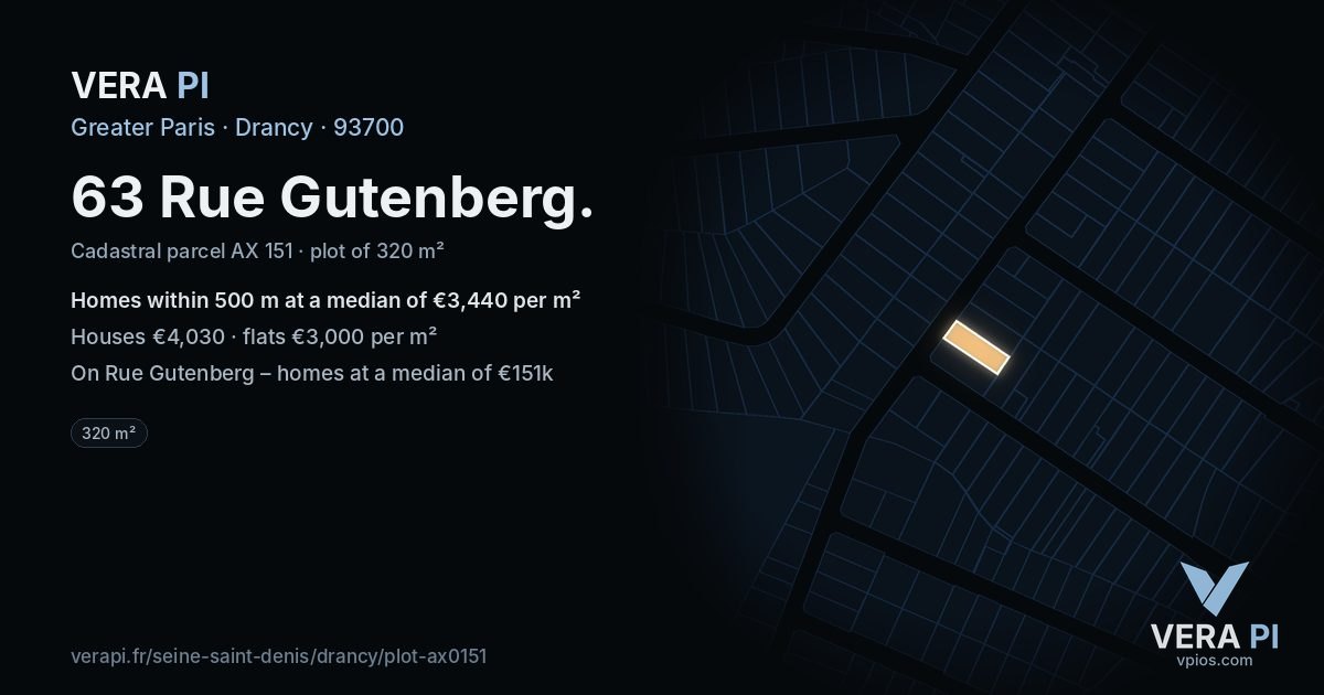 63 Rue Gutenberg, Drancy at night – the plot lit, the parcels around coloured by the prices near them