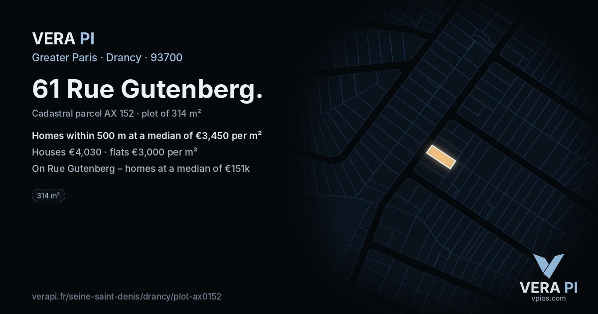 61 Rue Gutenberg, Drancy at night – the plot lit, the parcels around coloured by the prices near them