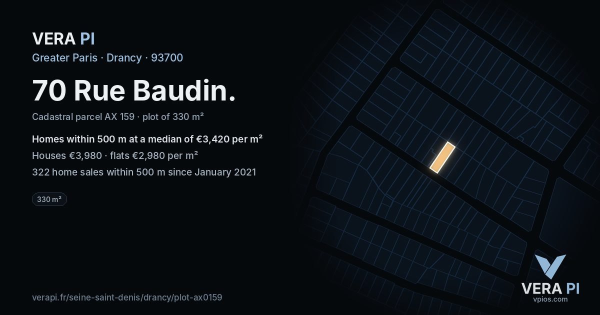 70 Rue Baudin, Drancy at night – the plot lit, the parcels around coloured by the prices near them