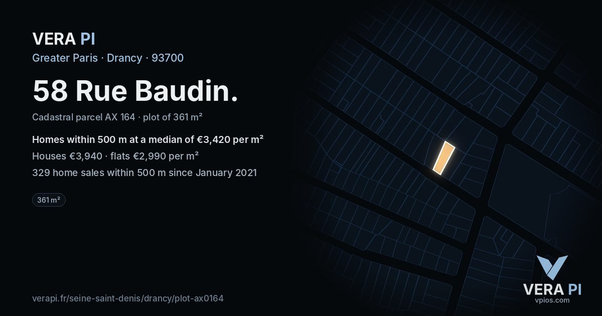 58 Rue Baudin, Drancy at night – the plot lit, the parcels around coloured by the prices near them