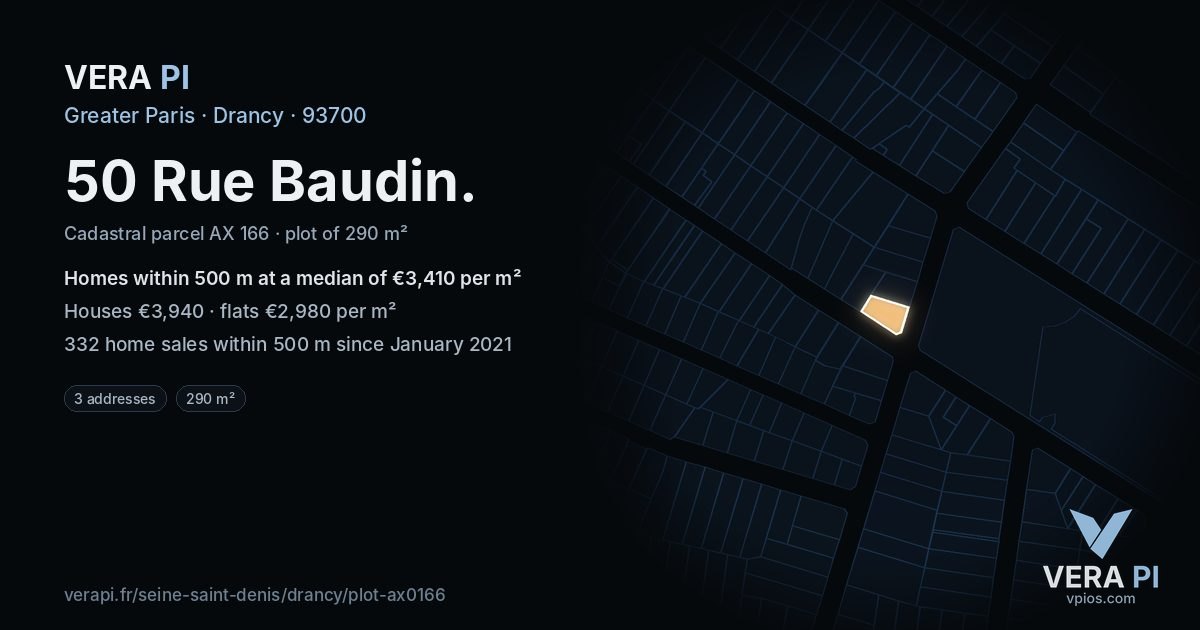 50 Rue Baudin, Drancy at night – the plot lit, the parcels around coloured by the prices near them
