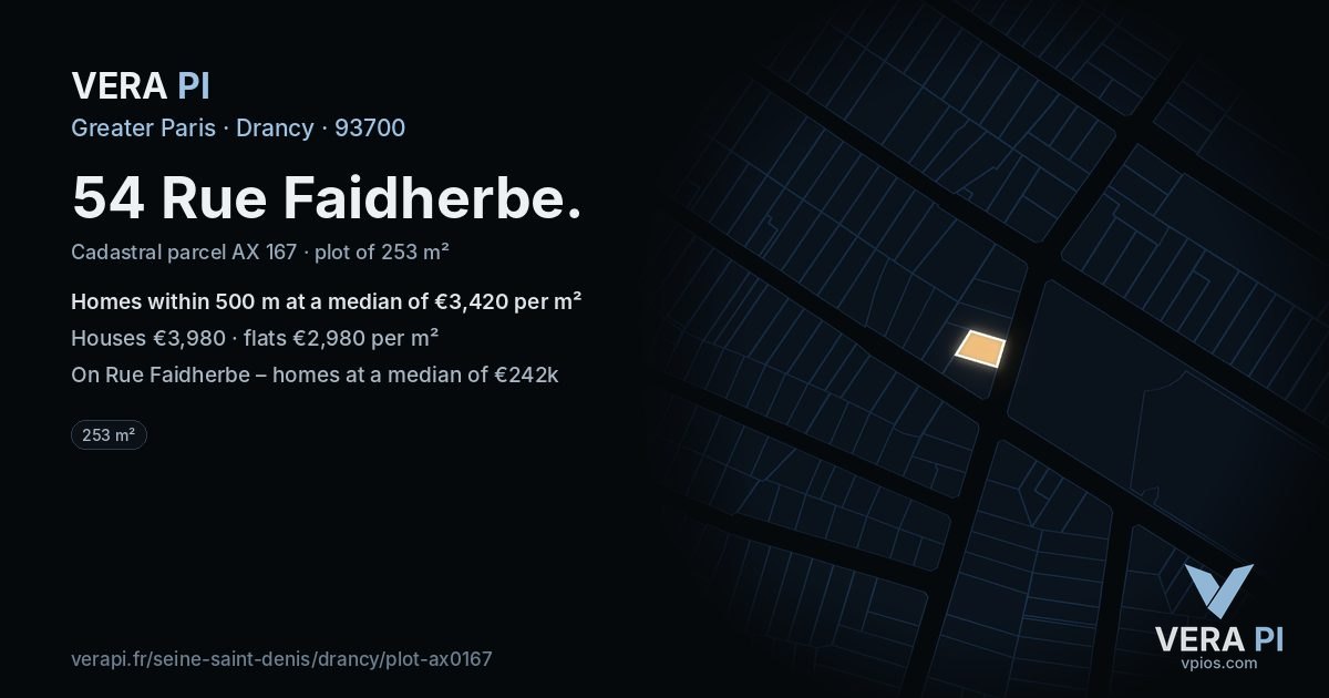 54 Rue Faidherbe, Drancy at night – the plot lit, the parcels around coloured by the prices near them