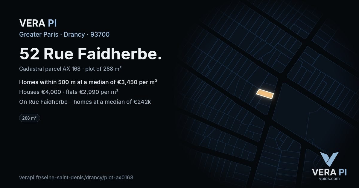 52 Rue Faidherbe, Drancy at night – the plot lit, the parcels around coloured by the prices near them
