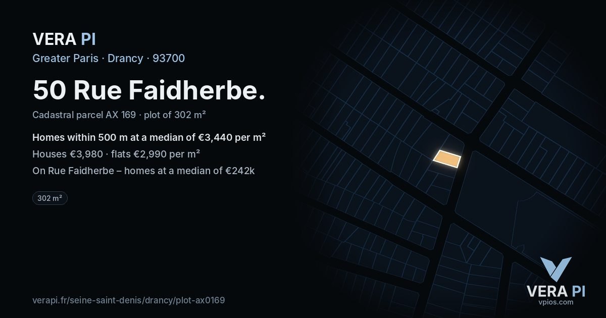 50 Rue Faidherbe, Drancy at night – the plot lit, the parcels around coloured by the prices near them
