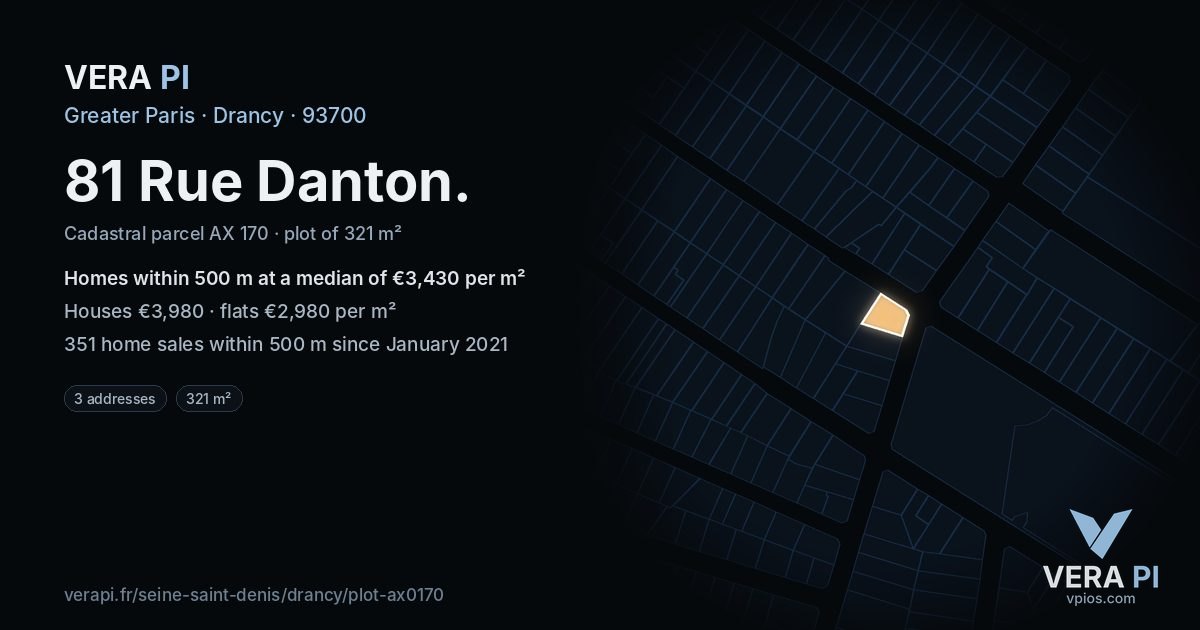81 Rue Danton, Drancy at night – the plot lit, the parcels around coloured by the prices near them