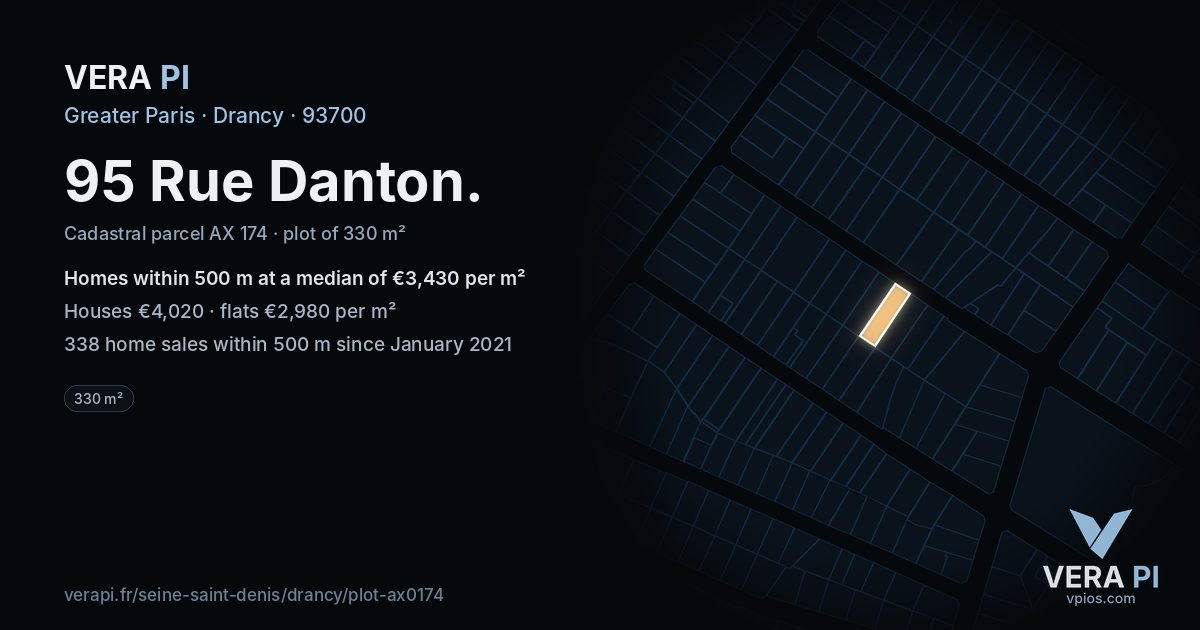 95 Rue Danton, Drancy at night – the plot lit, the parcels around coloured by the prices near them