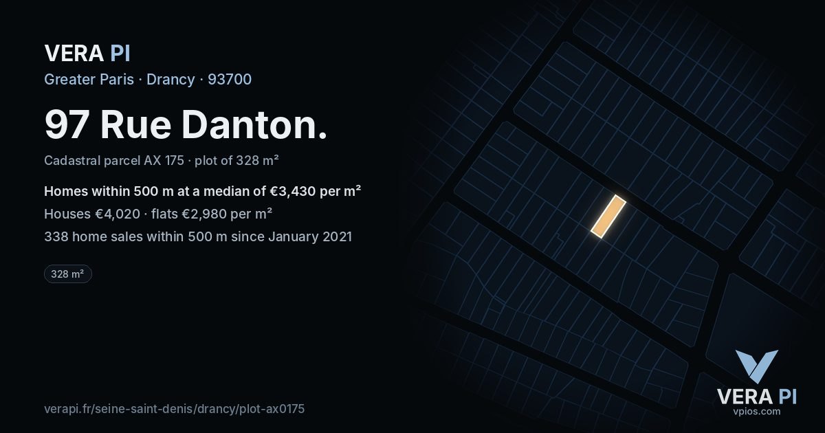 97 Rue Danton, Drancy at night – the plot lit, the parcels around coloured by the prices near them
