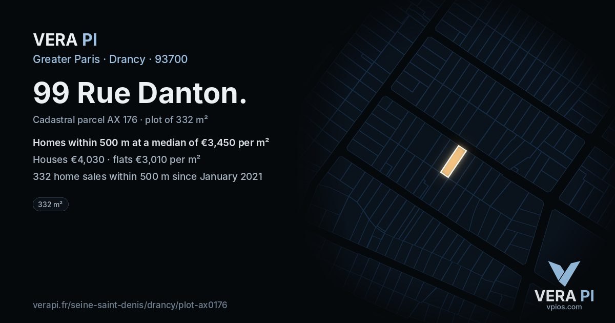 99 Rue Danton, Drancy at night – the plot lit, the parcels around coloured by the prices near them