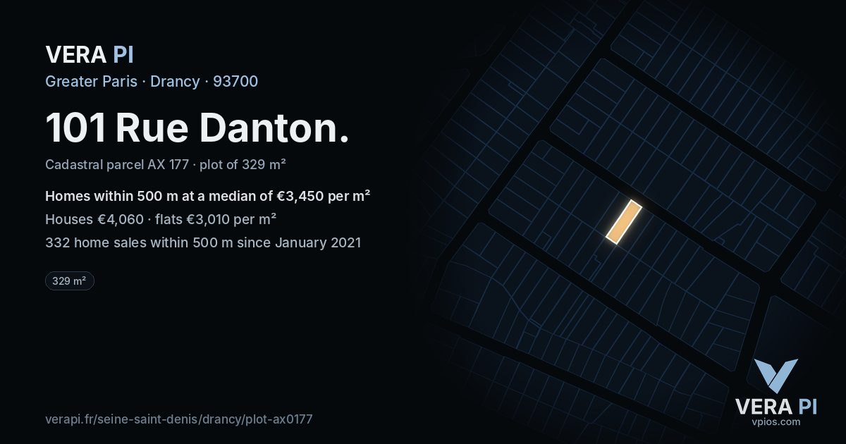 101 Rue Danton, Drancy at night – the plot lit, the parcels around coloured by the prices near them