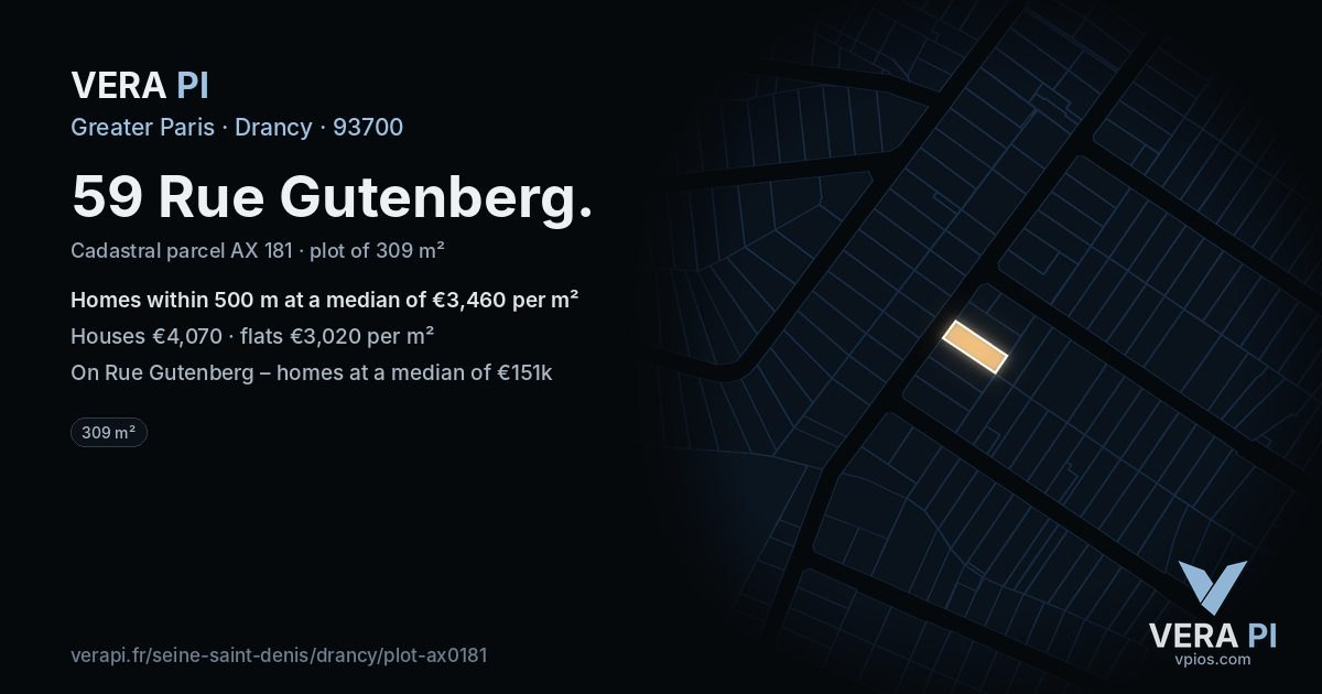 59 Rue Gutenberg, Drancy at night – the plot lit, the parcels around coloured by the prices near them