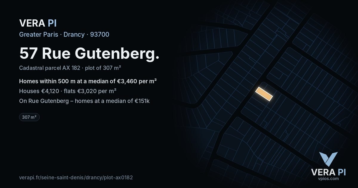 57 Rue Gutenberg, Drancy at night – the plot lit, the parcels around coloured by the prices near them