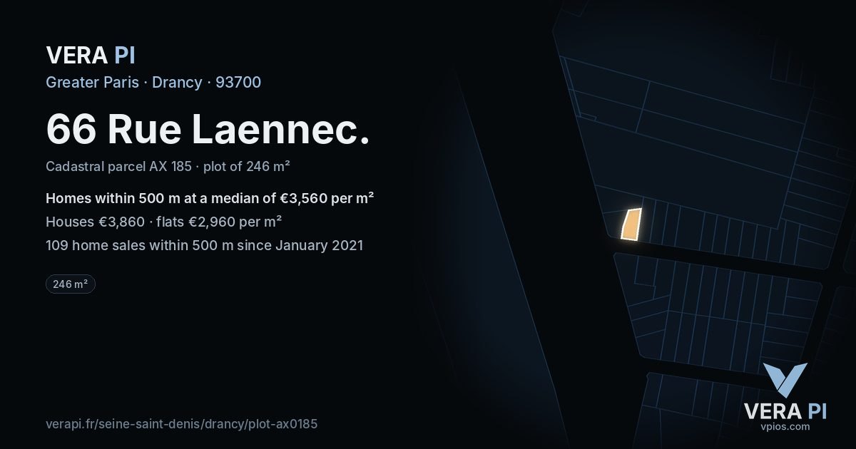 66 Rue Laennec, Drancy at night – the plot lit, the parcels around coloured by the prices near them