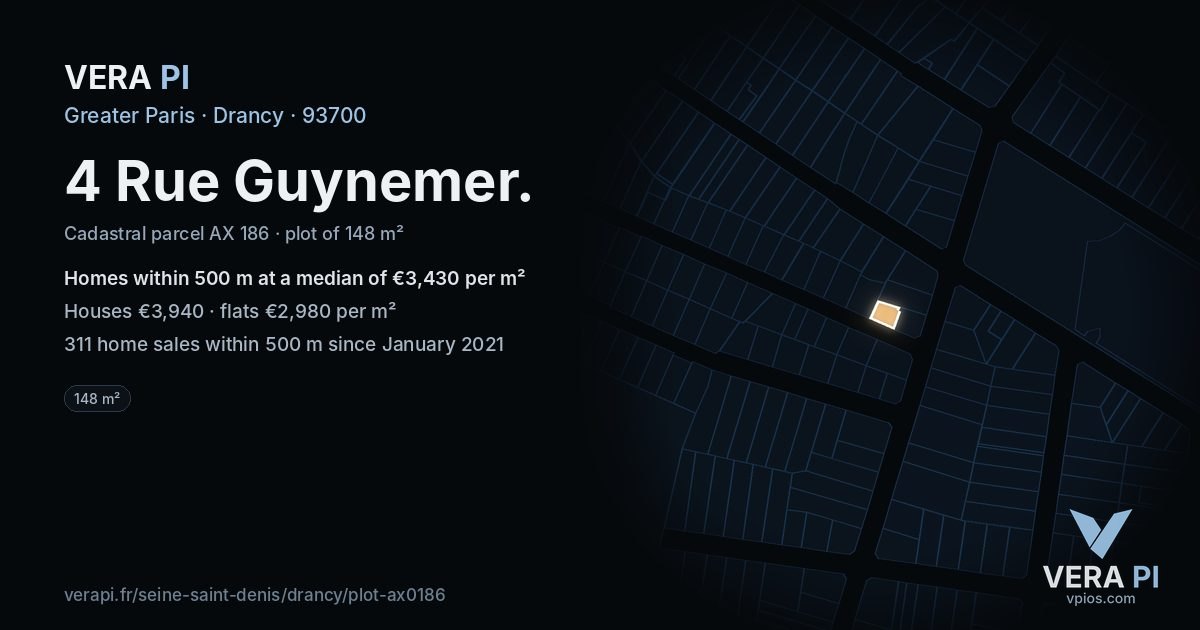 4 Rue Guynemer, Drancy at night – the plot lit, the parcels around coloured by the prices near them