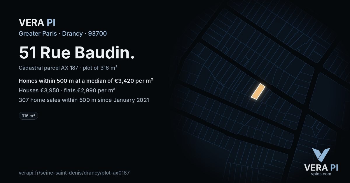 51 Rue Baudin, Drancy at night – the plot lit, the parcels around coloured by the prices near them
