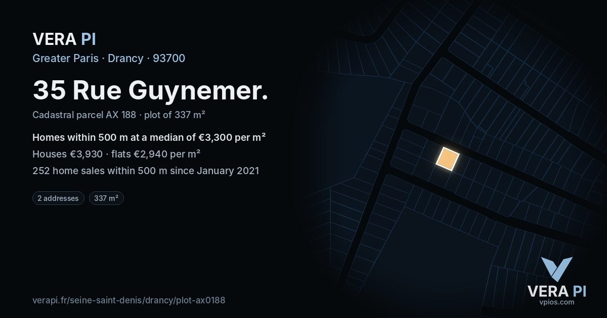35 Rue Guynemer, Drancy at night – the plot lit, the parcels around coloured by the prices near them