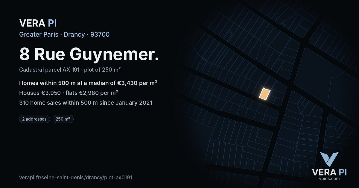 8 Rue Guynemer, Drancy at night – the plot lit, the parcels around coloured by the prices near them