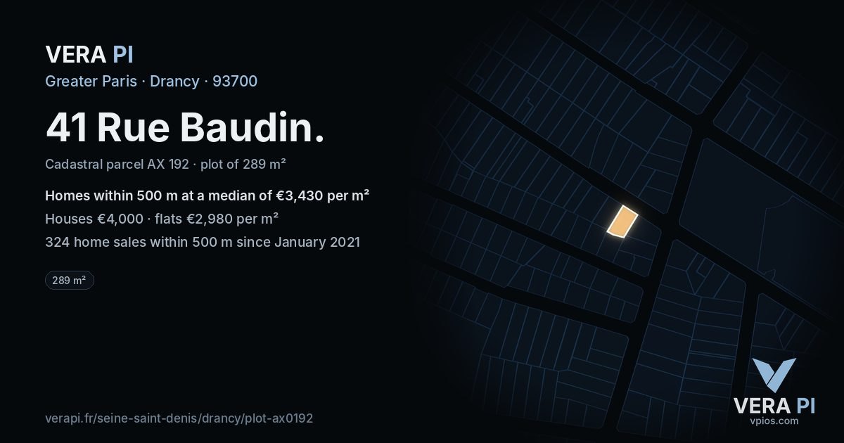 41 Rue Baudin, Drancy at night – the plot lit, the parcels around coloured by the prices near them