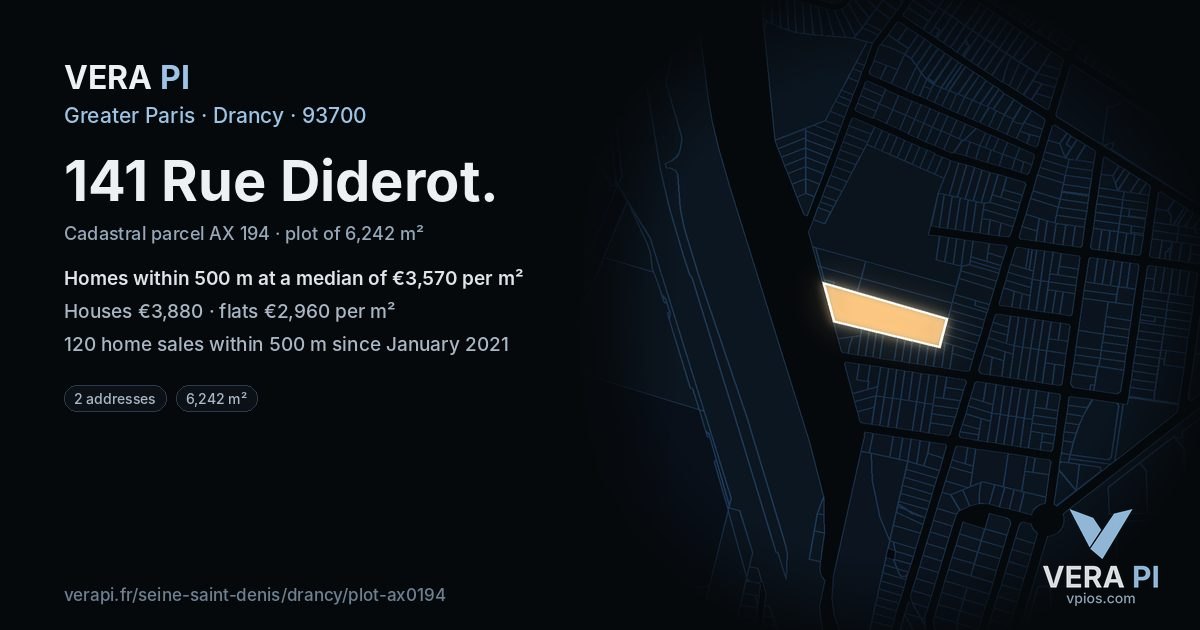141 Rue Diderot, Drancy at night – the plot lit, the parcels around coloured by the prices near them