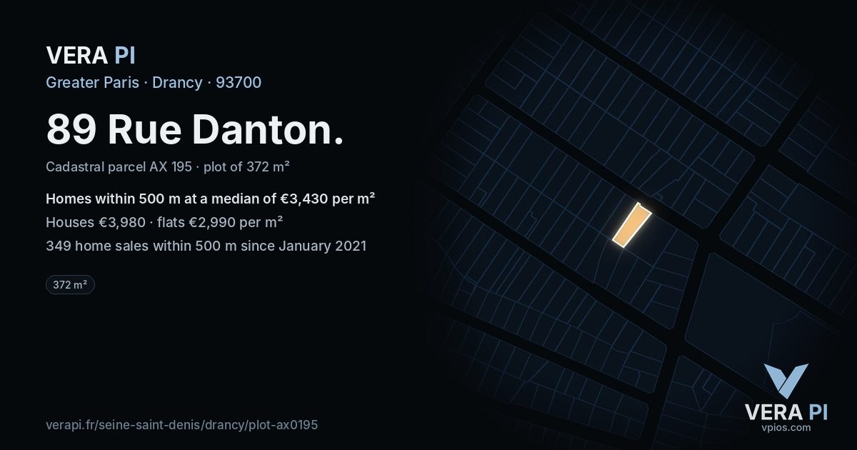89 Rue Danton, Drancy at night – the plot lit, the parcels around coloured by the prices near them