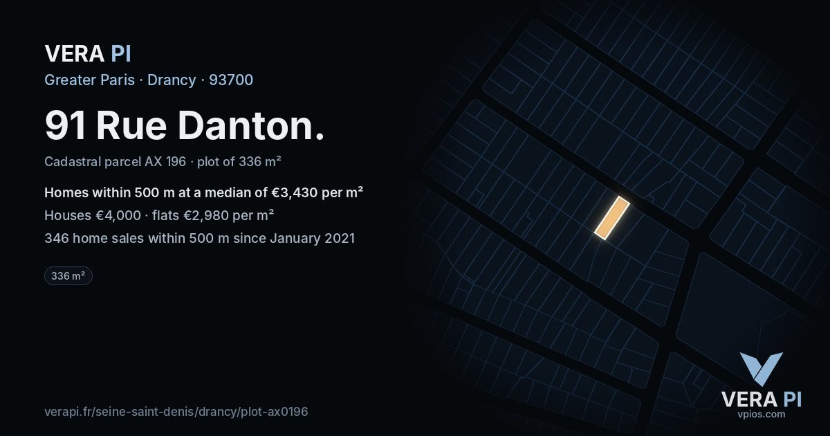 91 Rue Danton, Drancy at night – the plot lit, the parcels around coloured by the prices near them