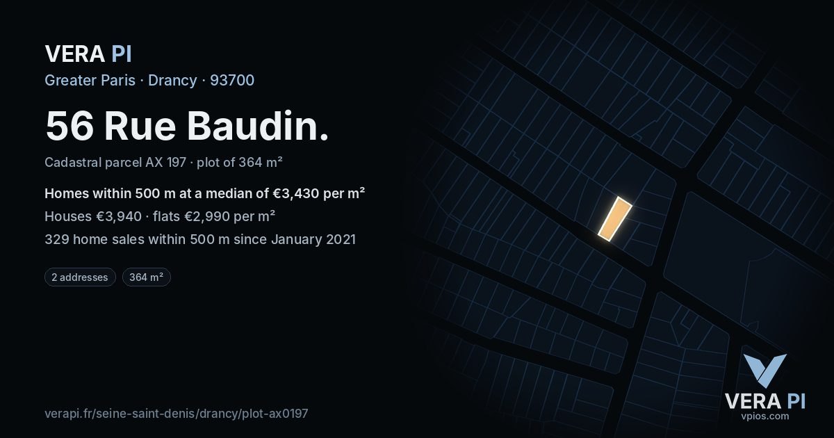 56 Rue Baudin, Drancy at night – the plot lit, the parcels around coloured by the prices near them
