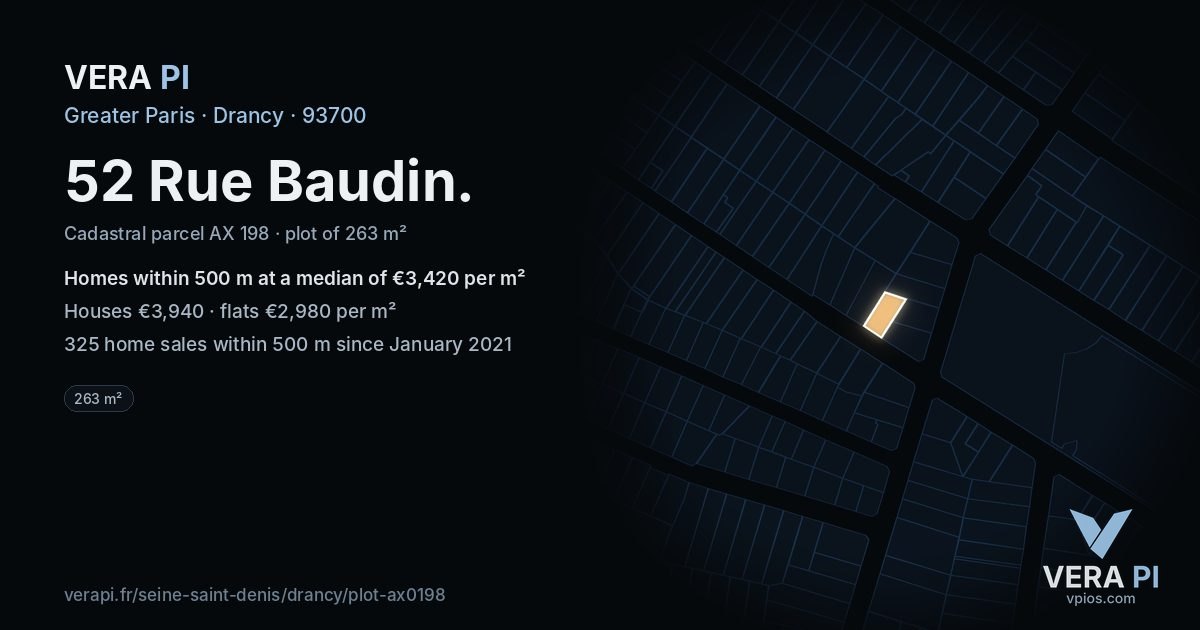 52 Rue Baudin, Drancy at night – the plot lit, the parcels around coloured by the prices near them
