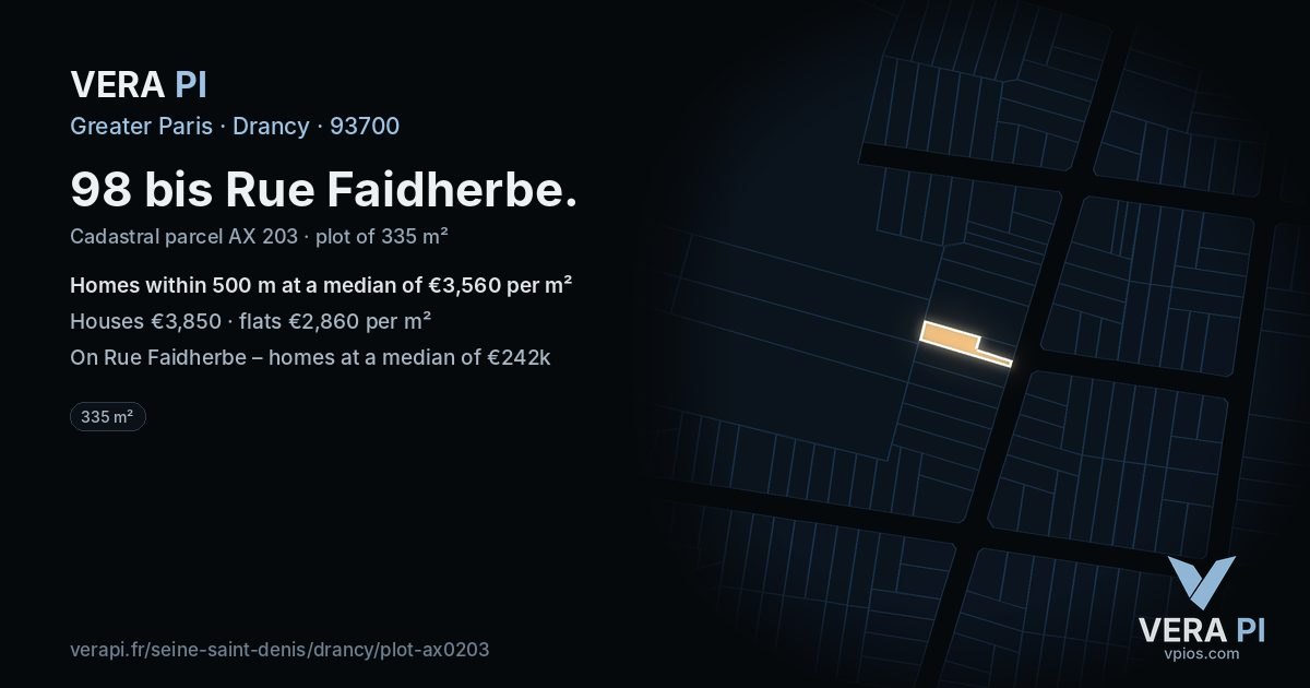 98 bis Rue Faidherbe, Drancy at night – the plot lit, the parcels around coloured by the prices near them