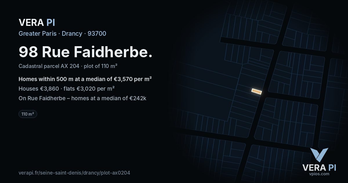 98 Rue Faidherbe, Drancy at night – the plot lit, the parcels around coloured by the prices near them