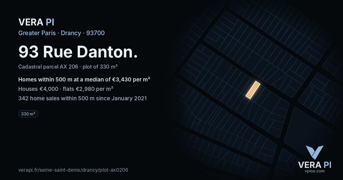 93 Rue Danton, Drancy at night – the plot lit, the parcels around coloured by the prices near them