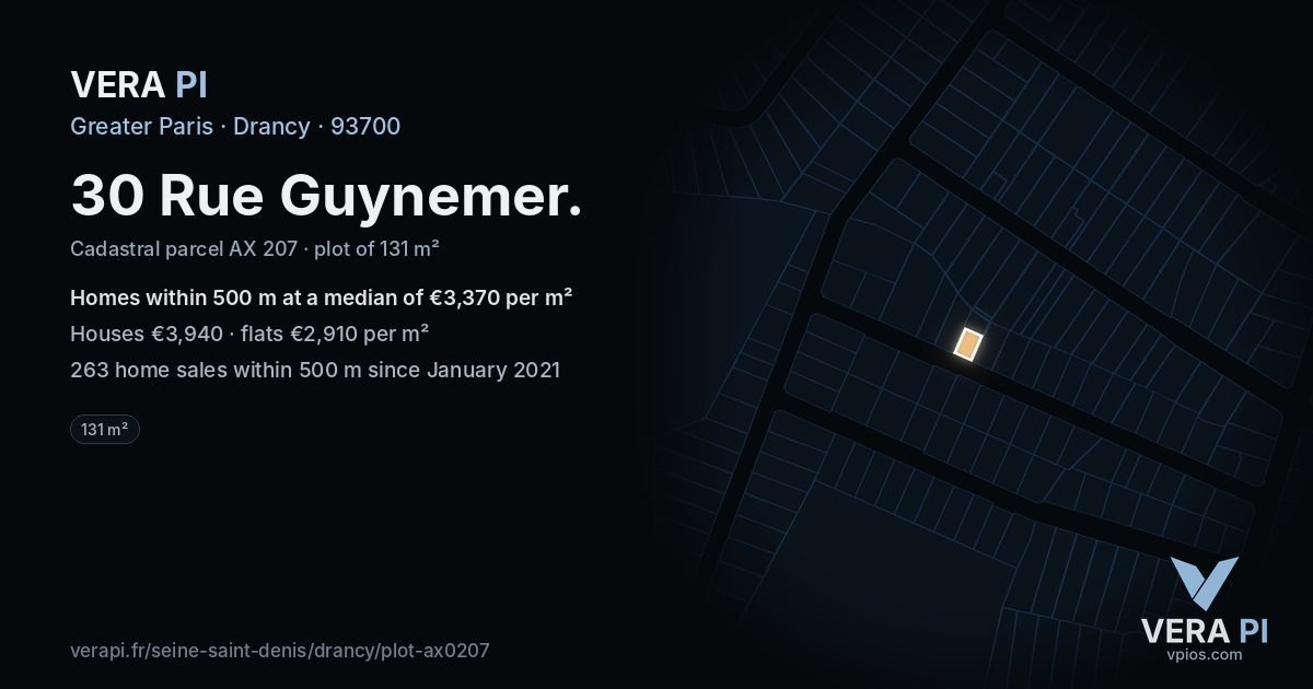 30 Rue Guynemer, Drancy at night – the plot lit, the parcels around coloured by the prices near them