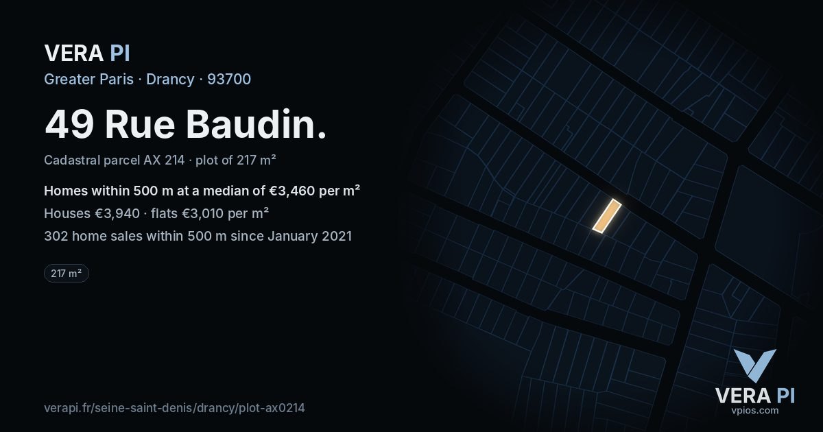 49 Rue Baudin, Drancy at night – the plot lit, the parcels around coloured by the prices near them