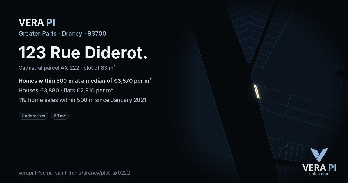 123 Rue Diderot, Drancy at night – the plot lit, the parcels around coloured by the prices near them