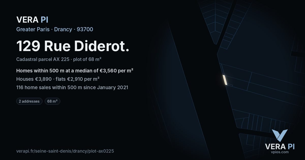 129 Rue Diderot, Drancy at night – the plot lit, the parcels around coloured by the prices near them