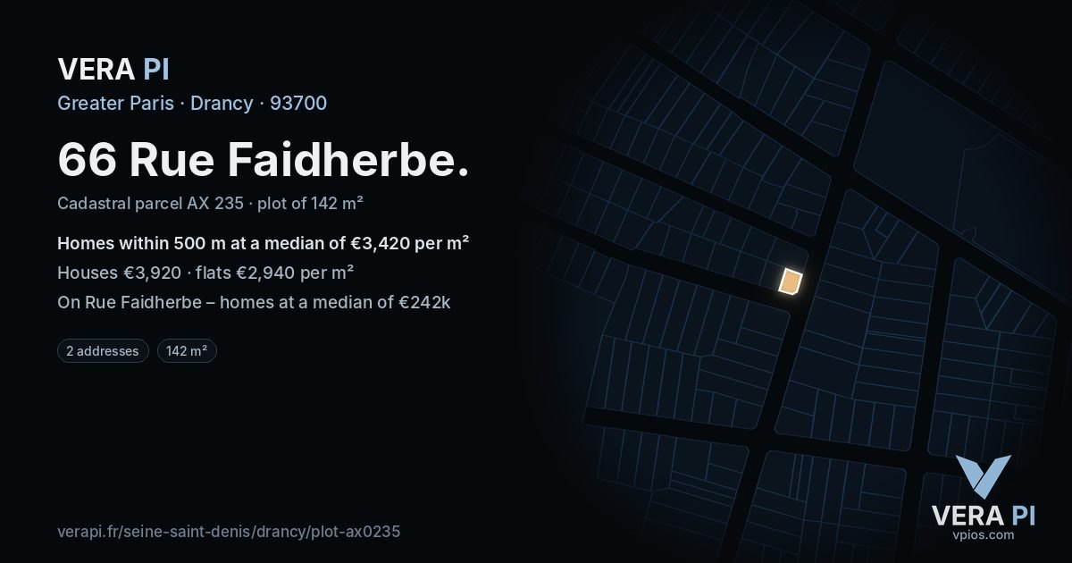 66 Rue Faidherbe, Drancy at night – the plot lit, the parcels around coloured by the prices near them